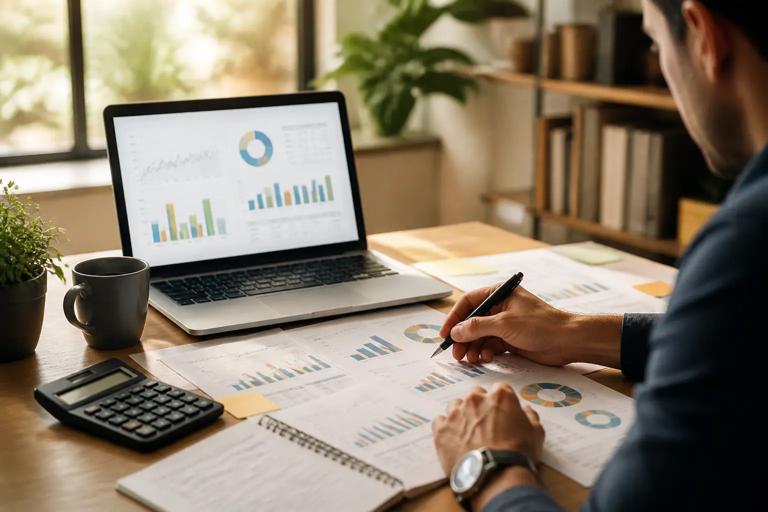 Calcul roi rezoactif sur un bureau marketing avec laptop, calculatrice, graphiques financiers et mains analysant les chiffres