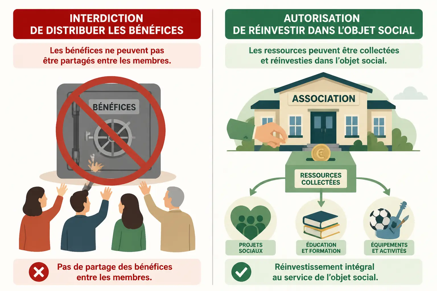 Association à but lucratif : profits interdits aux membres, revenus réinvestis dans le projet collectif.