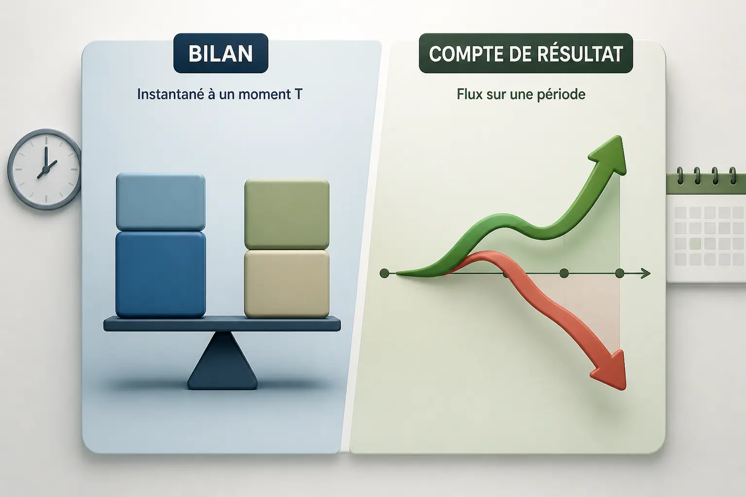 Bilan et compte de résultat illustrés par deux cartes contrastées : instant T stable et flux d’activité.