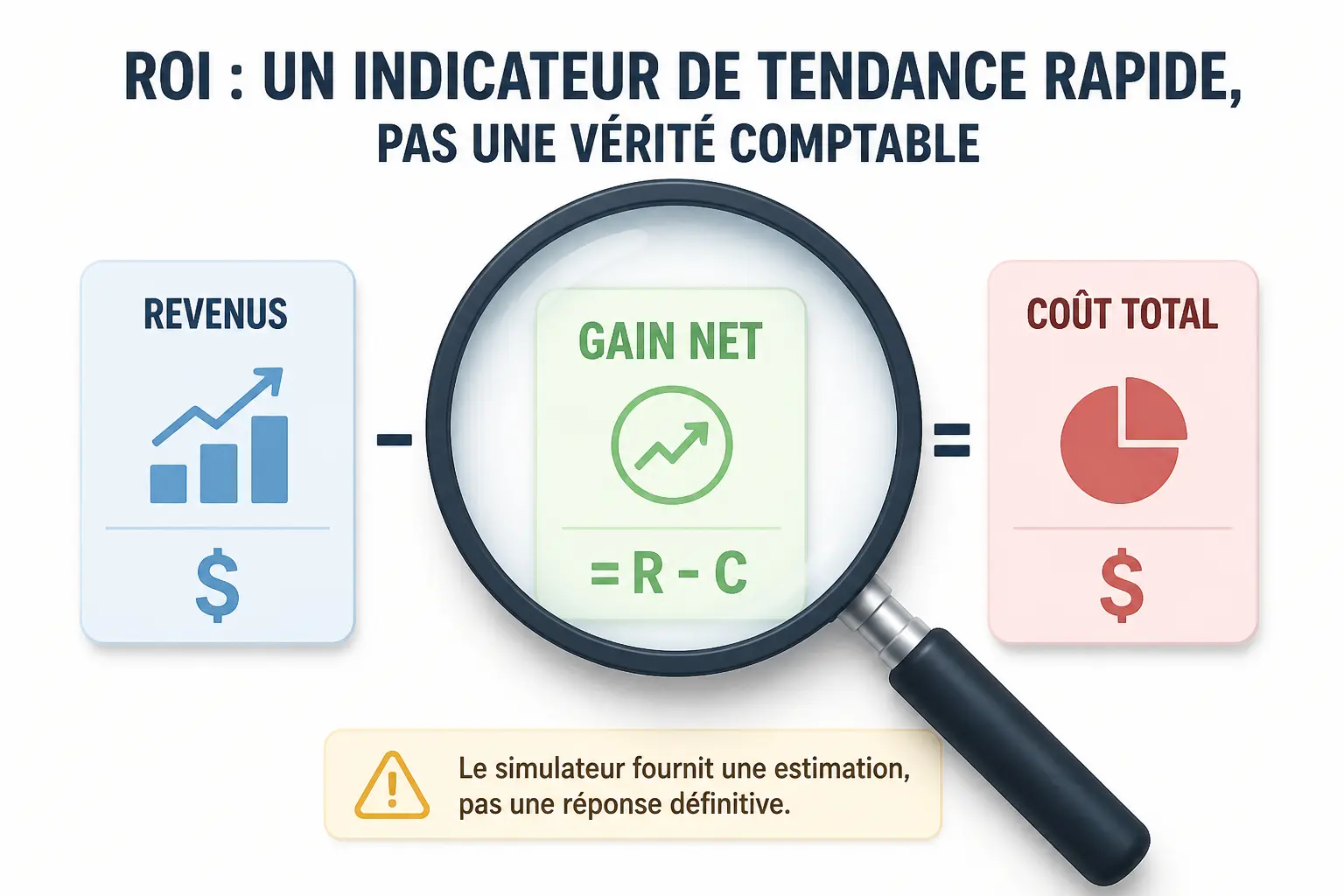 Calcul roi rezoactif : loupe sur revenu, coûts et gain net, avec estimation de simulateur.