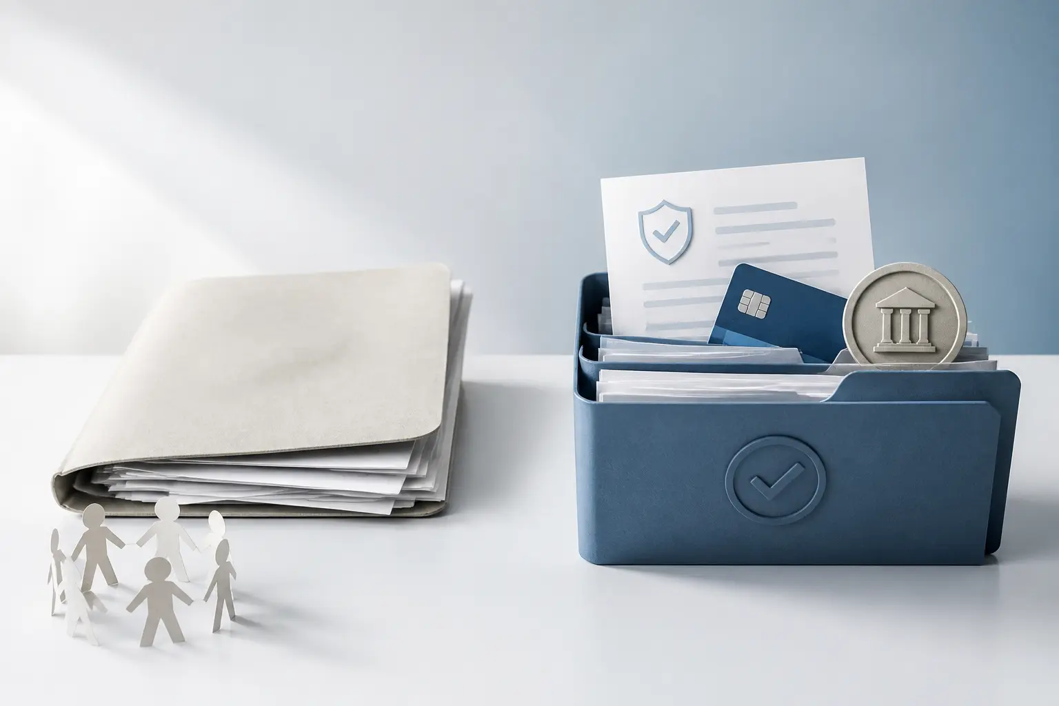 Déclaration association : deux dossiers comparant une association non déclarée et une association déclarée, avec carte bancaire et contrat.