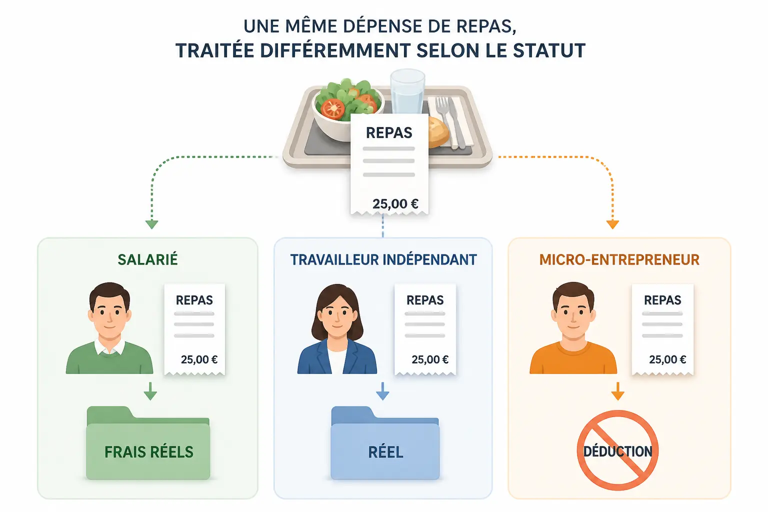 Schéma comparatif des frais de repas : salarié, indépendant et micro-entrepreneur face à la déduction.