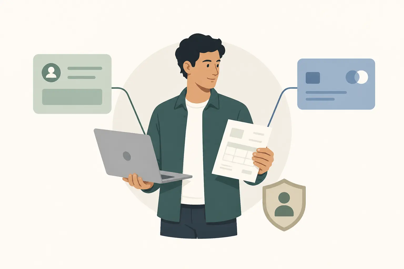 Freelance définition : un indépendant avec ordinateur et facture relié à un brief client et un paiement.