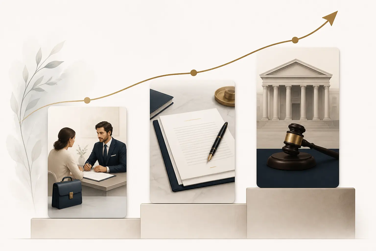 Honoraires avocat illustrés par trois niveaux d’intervention : consultation, rédaction de contrat et audience.