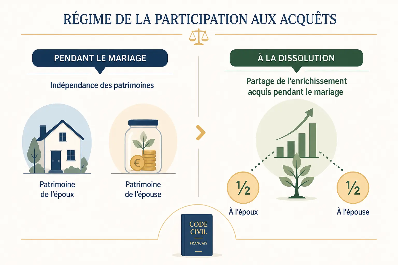 Schéma de participation aux acquets : biens séparés pendant le mariage, enrichissement partagé à la dissolution.