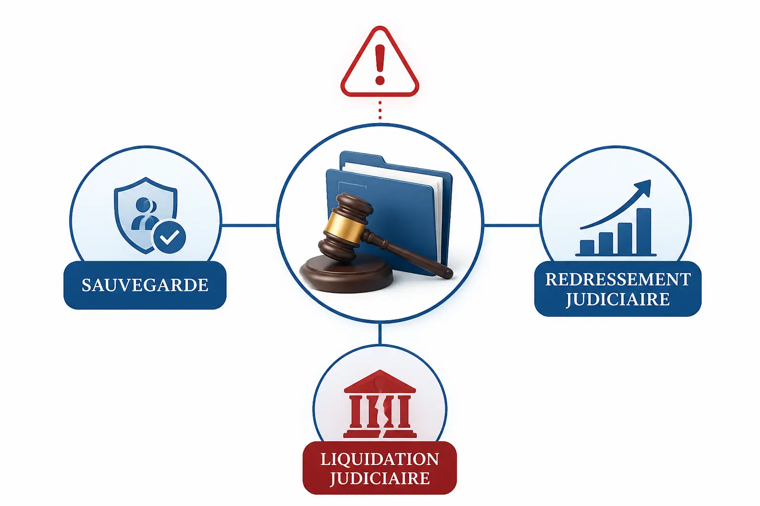 Procédure collective en cours : schéma du tribunal avec sauvegarde, redressement judiciaire et liquidation judiciaire.