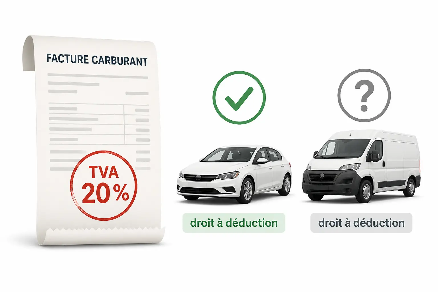 Facture de carburant avec TVA 20 % et deux véhicules, illustrant la tva carburant et la déductibilité.