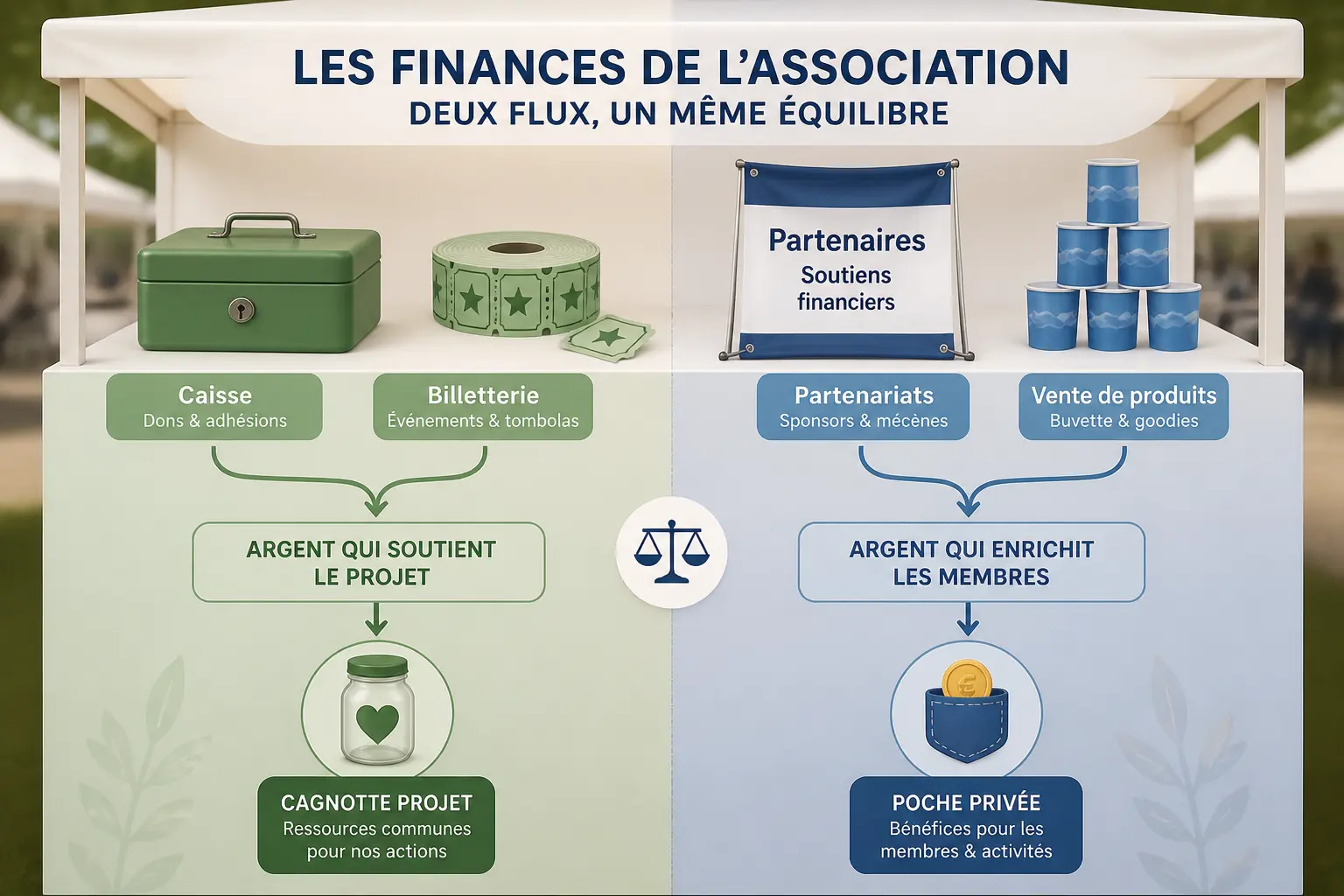 Stand associatif illustrant une association à but lucratif : caisse, billets, sponsor et produits, avec flux vers fonds projet ou poche privée.