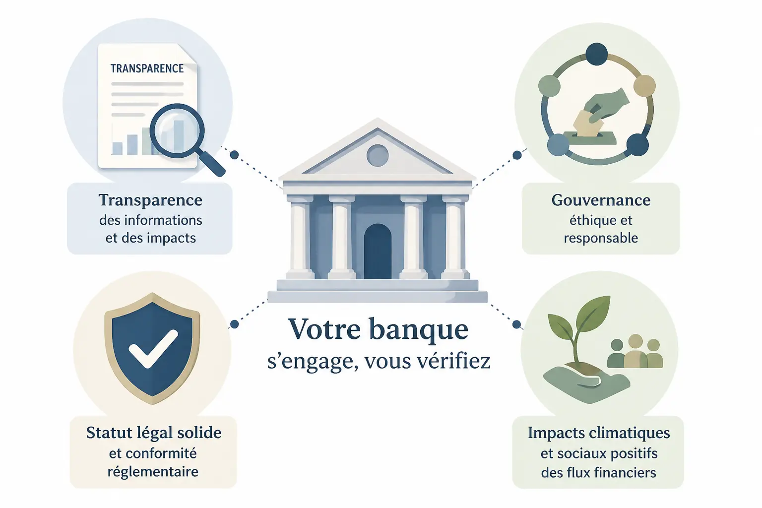 Infographie banque ethique : banque centrale reliée à transparence, gouvernance, statut légal et impact social