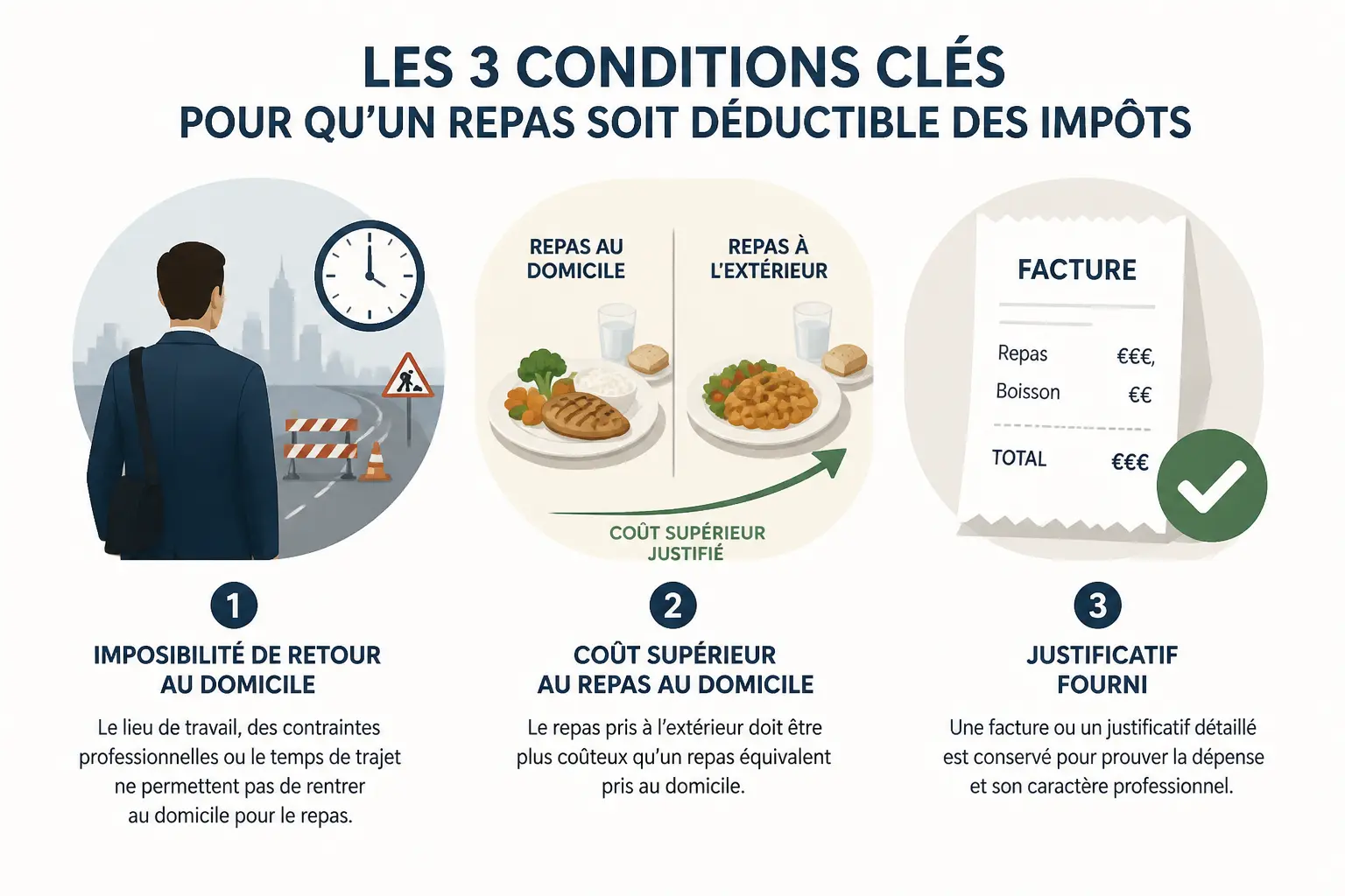 Infographie sur les frais de repas : impossibilité de rentrer déjeuner, surcoût et justificatif validé.