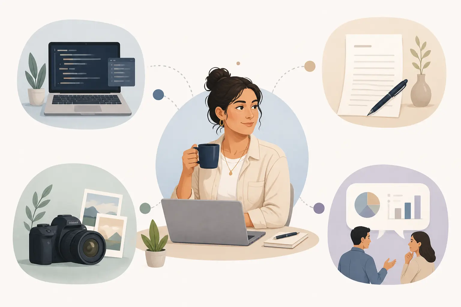 Freelance définition : professionnel autonome entouré de scènes de développement, rédaction, photo et conseil.