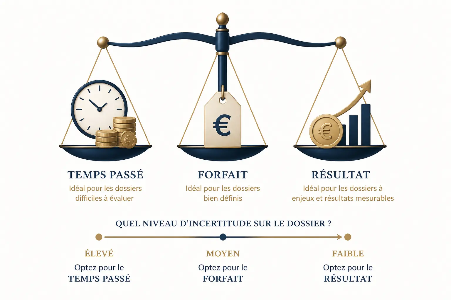 Infographie sur les honoraires avocat : balance entre temps passé, forfait et résultat, avec choix selon l’incertitude.