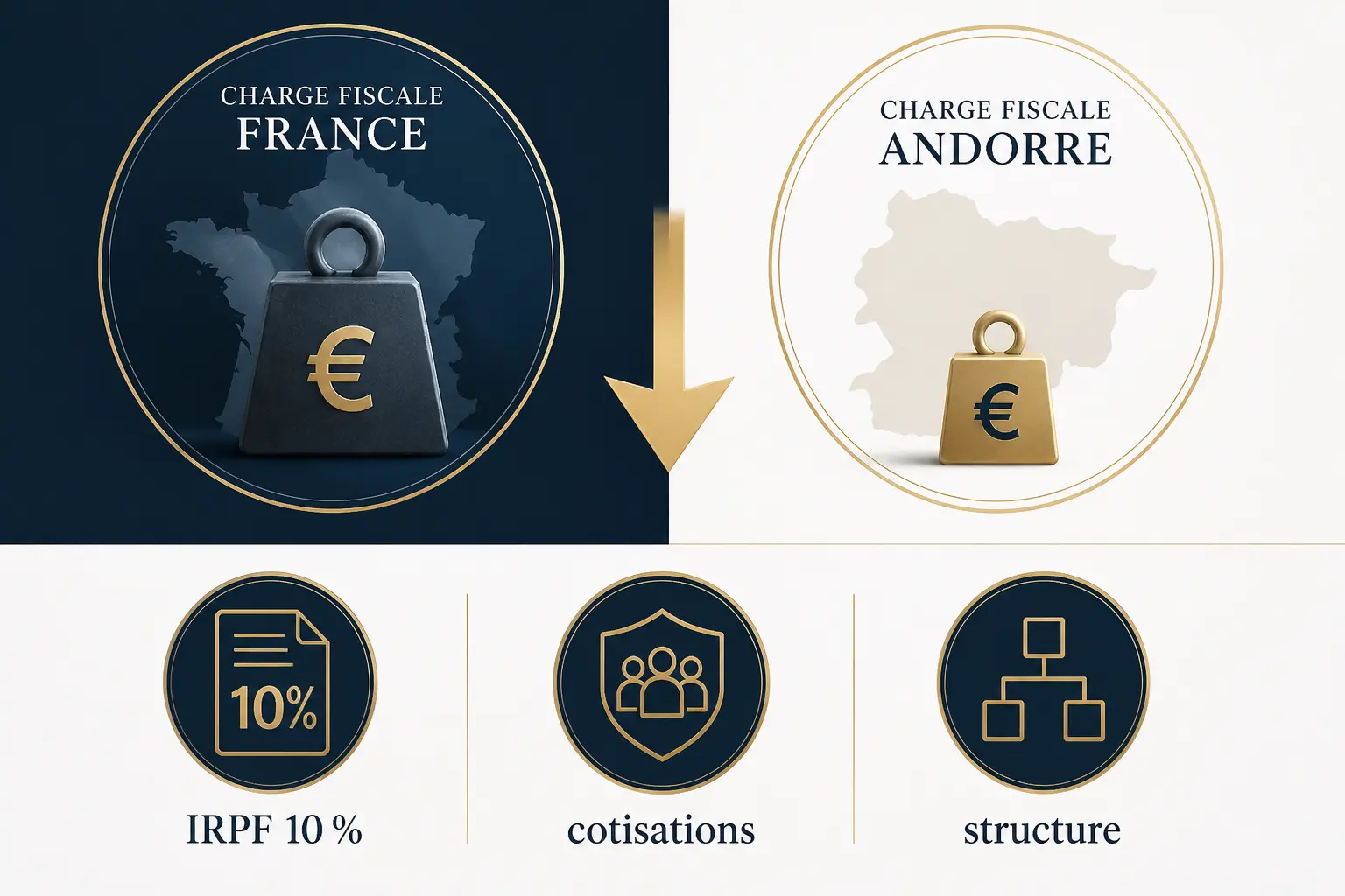 Optimisation impôts Andorre : comparaison visuelle de la charge fiscale France vs Andorre, IRPF 10 %, cotisations et structure.