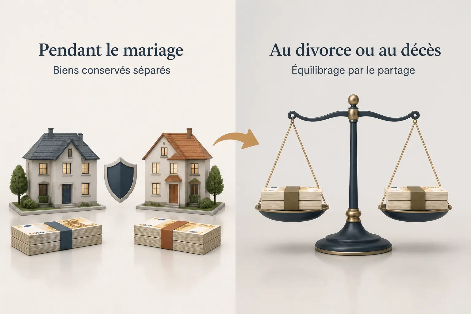 Participation aux acquêts : biens séparés pendant le mariage, puis partage équilibré au divorce ou au décès.