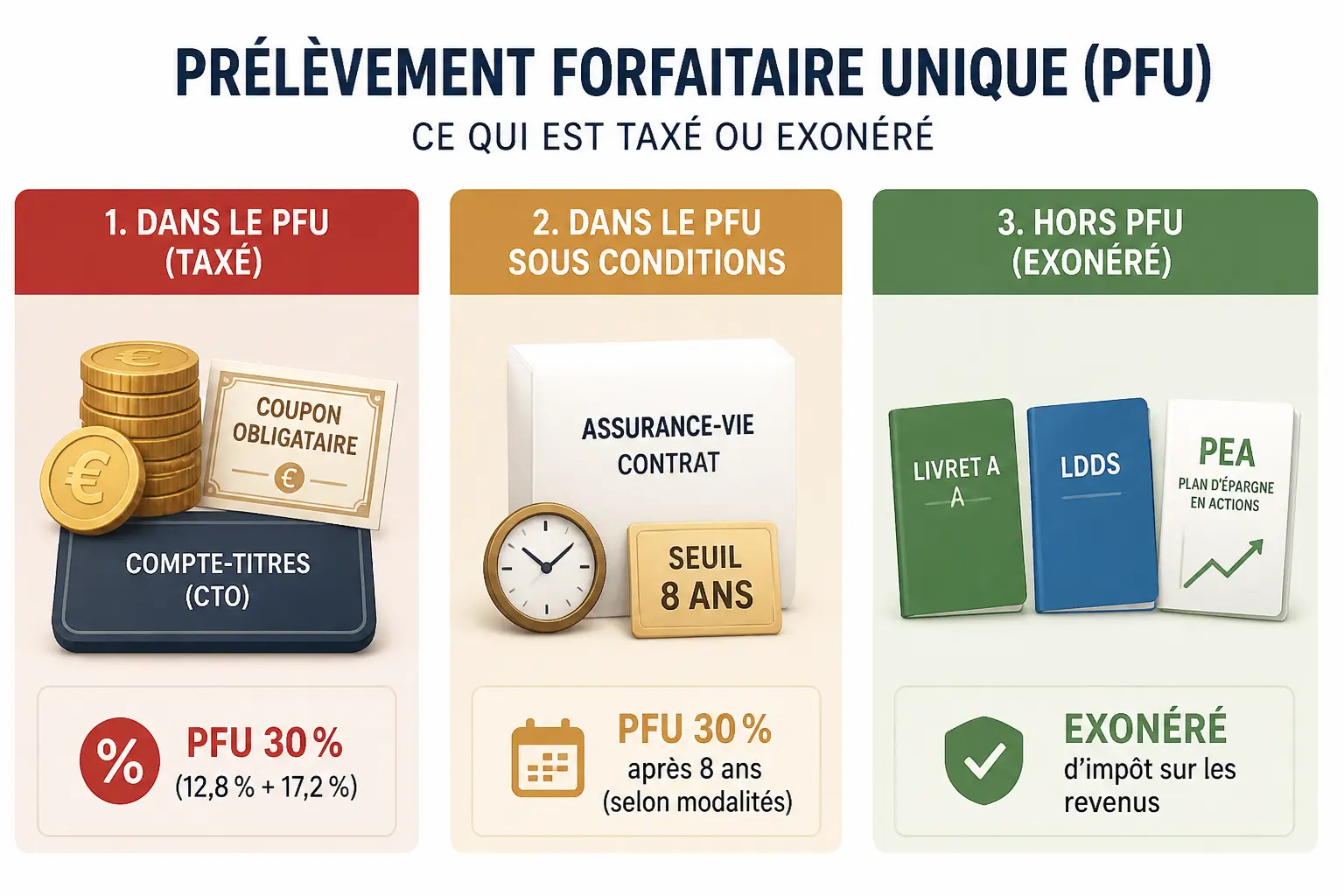 Prélèvement forfaitaire unique : placements taxés, assurance-vie et livrets exonérés en schéma clair