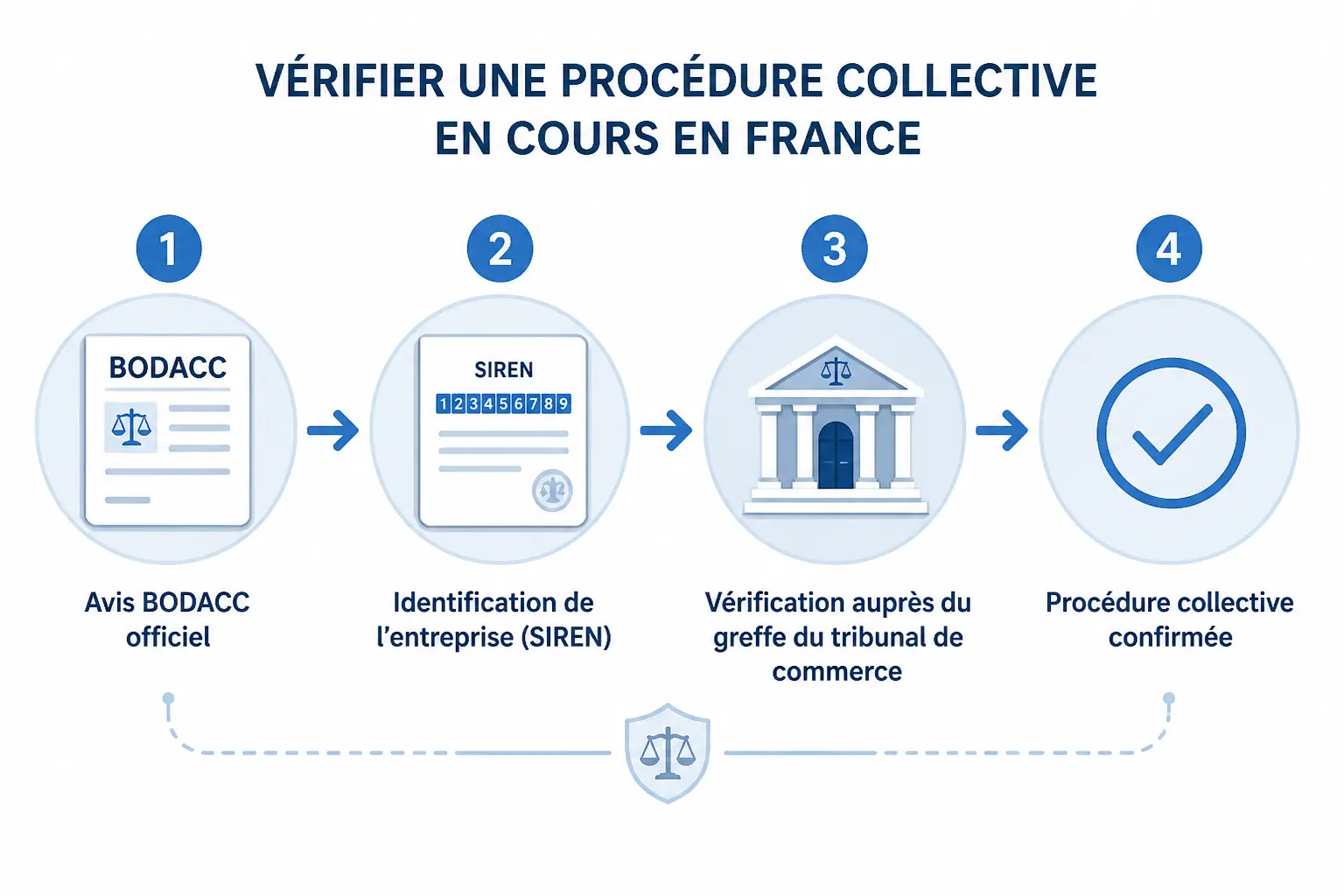 Vérification fiable d’une procédure collective en cours : BODACC, numéro d’entreprise, greffe, validation.