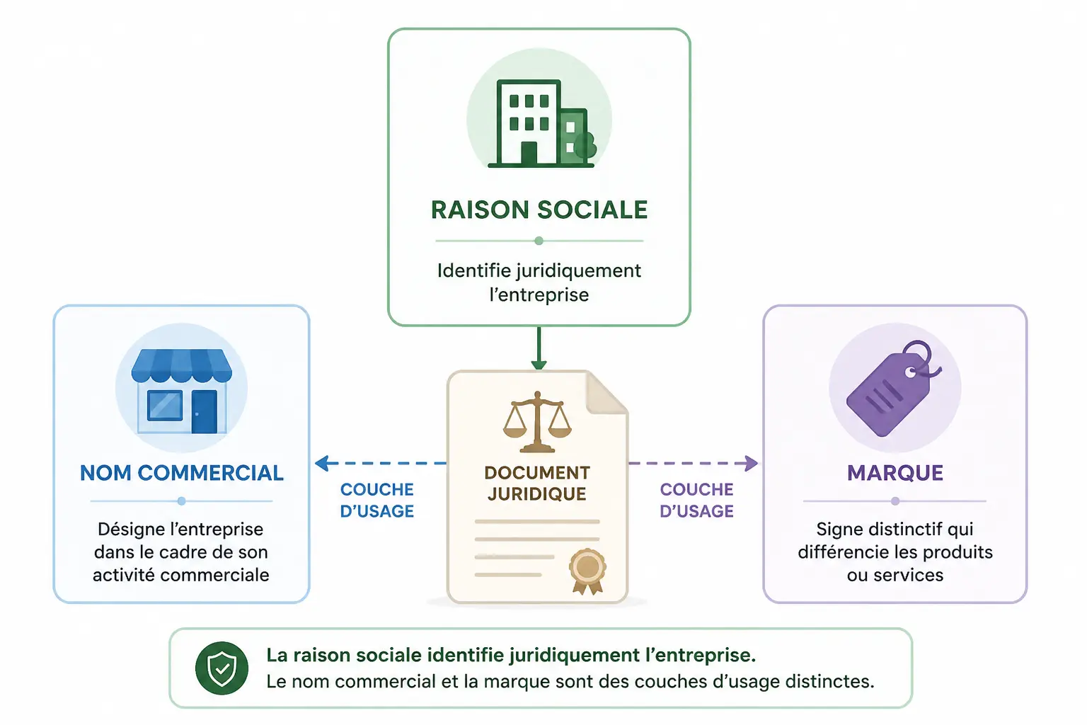 Schéma comparatif du raison social d'une entreprise, du nom commercial et de la marque avec document central.