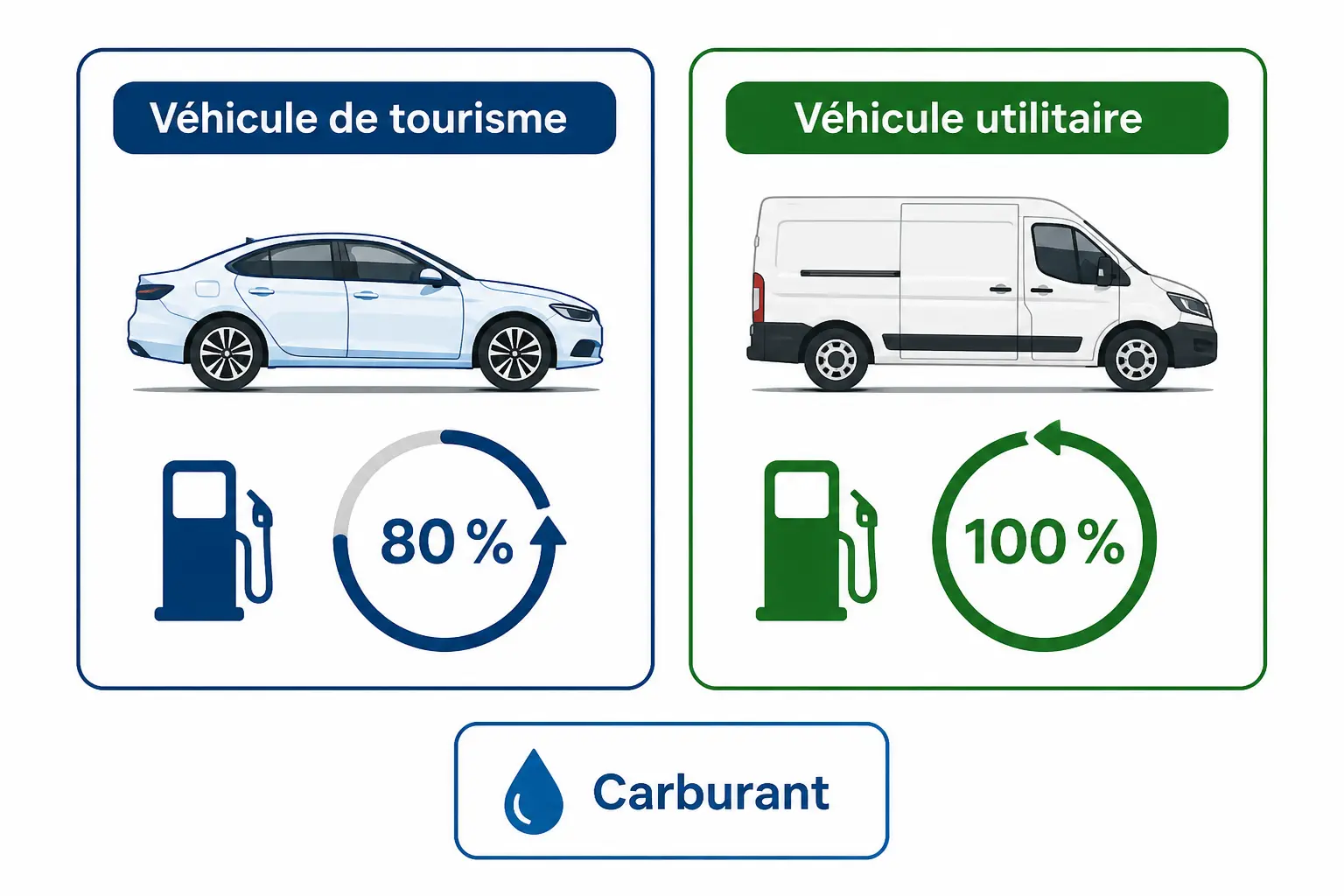 TVA carburant : comparaison visuelle entre véhicule de tourisme (80 %) et véhicule utilitaire (100 %)