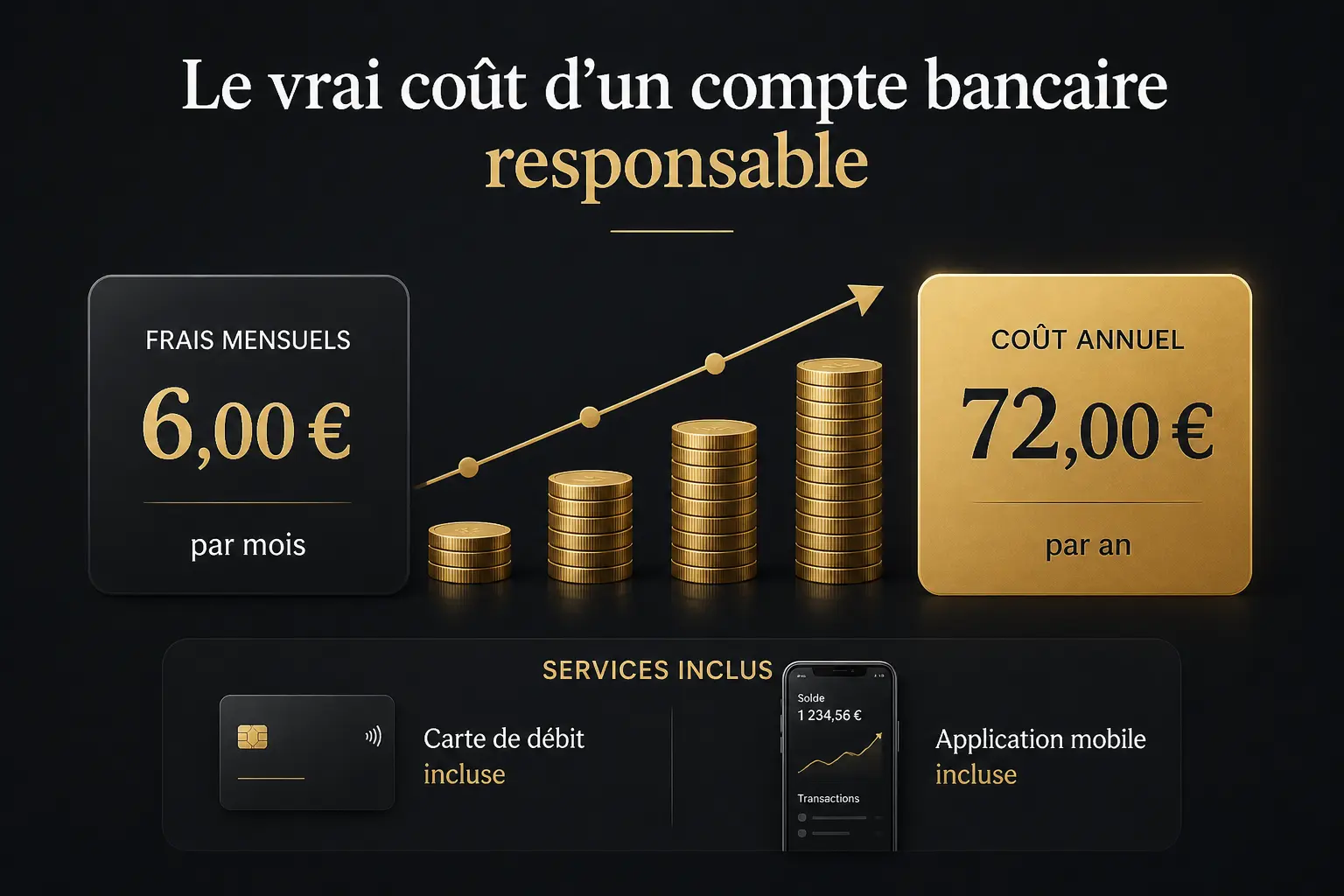 Banque ethique : carte mensuelle, total annuel et icônes carte et appli sur fond sombre.