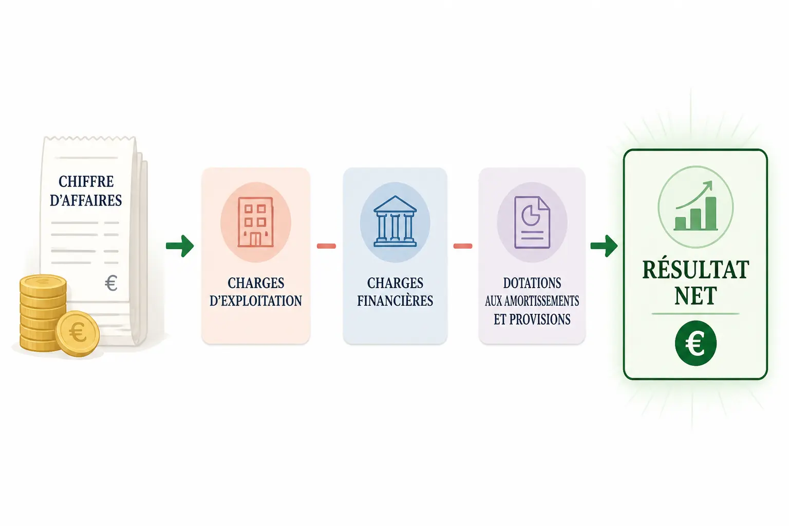 Schéma du bilan et compte de résultat : du chiffre d’affaires au résultat net, avec charges et résultat final