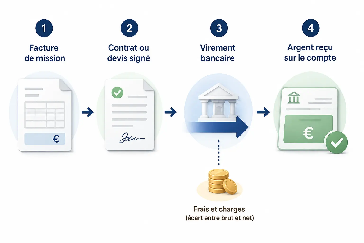 Freelance définition : schéma de paiement en 4 étapes, devis signé, facture, virement, compte bancaire