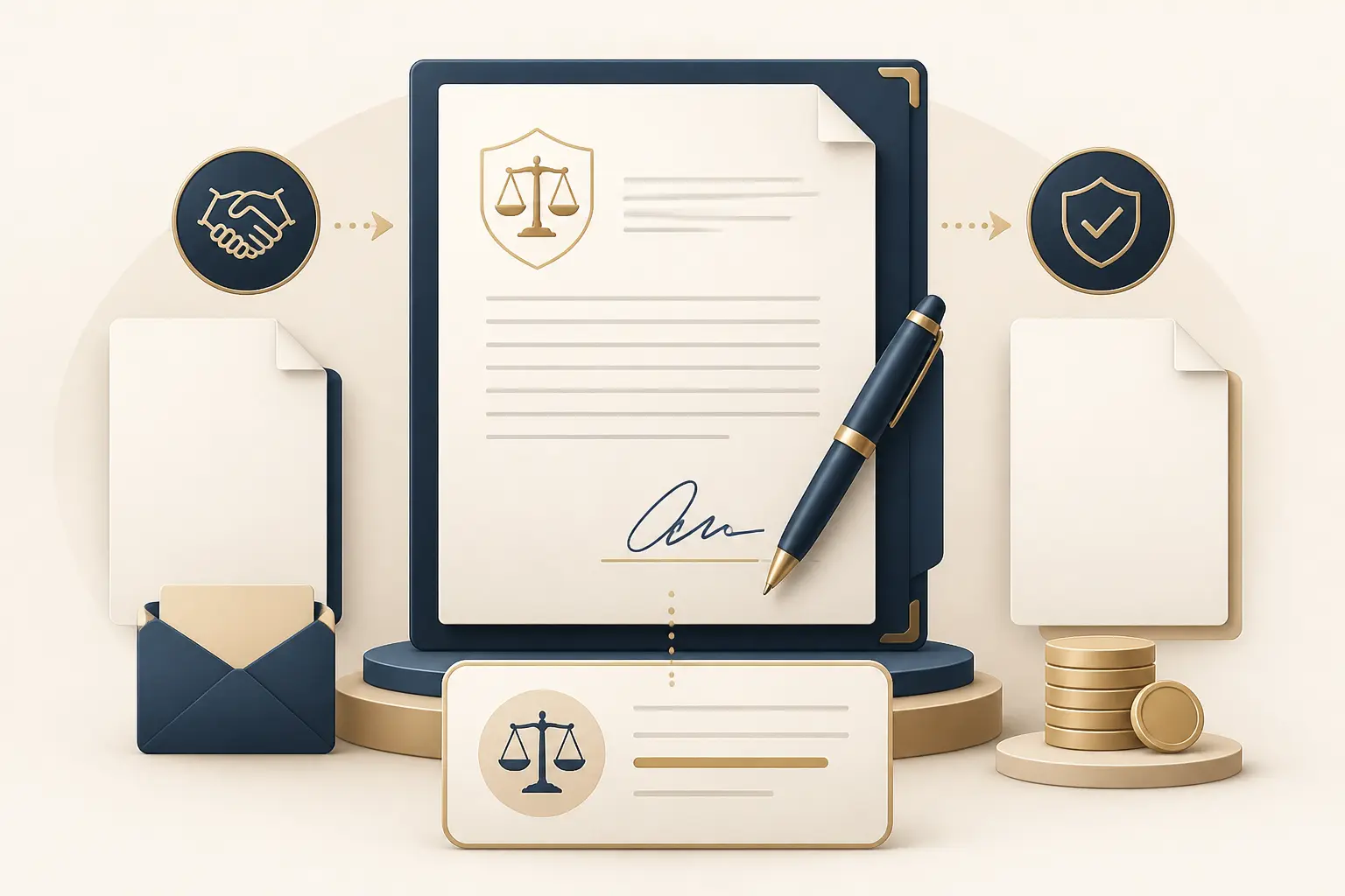 Convention d’honoraires avocat : document signé, clause sécurisée, devis et facture en illustration éditoriale