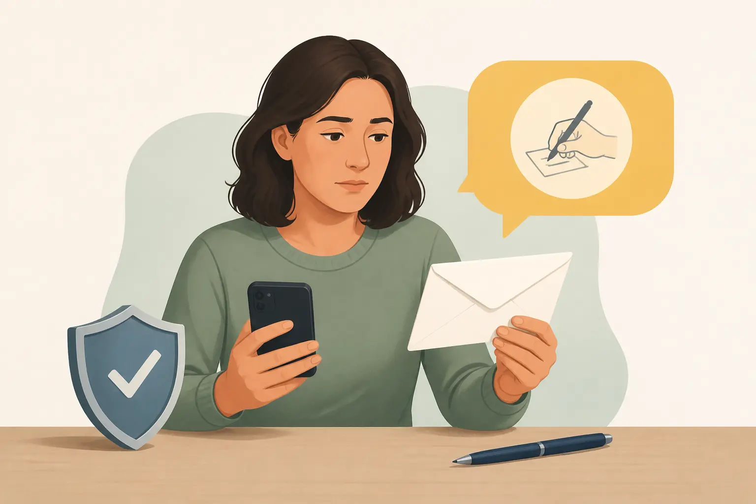 Personne calme avec smartphone, lettre non ouverte et bouclier : les sociétés de recouvrement n'ont aucun pouvoir
