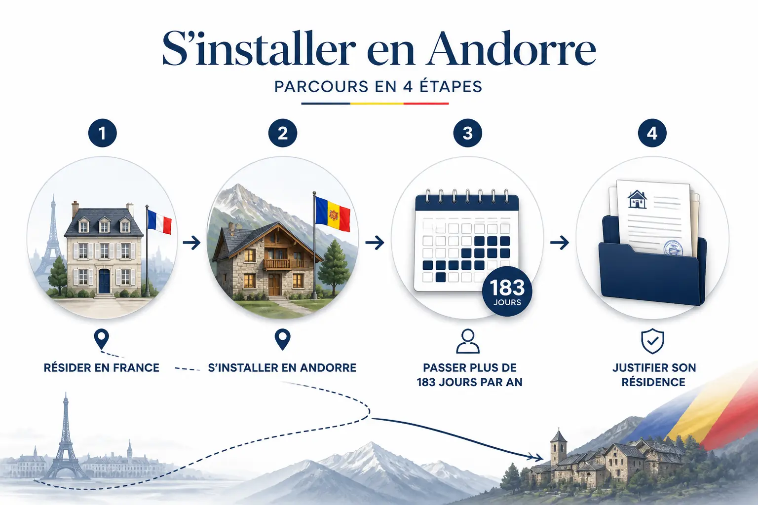 Optimisation impôts Andorre : schéma en 4 étapes d’une résidence fiscale française vers Andorre avec 183 jours et preuves