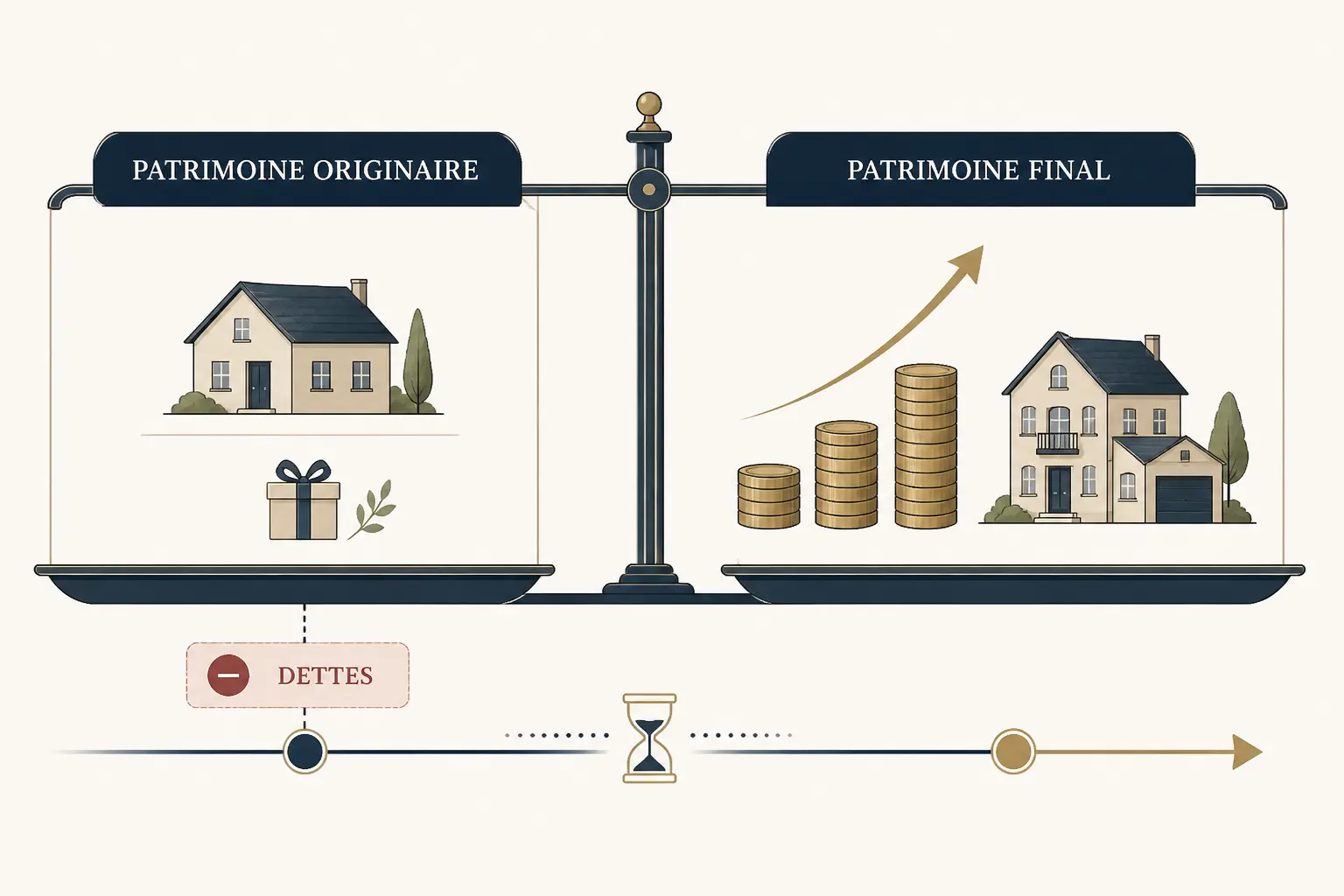 Schéma minimaliste de participation aux acquêts : patrimoine originaire, dettes et patrimoine final.