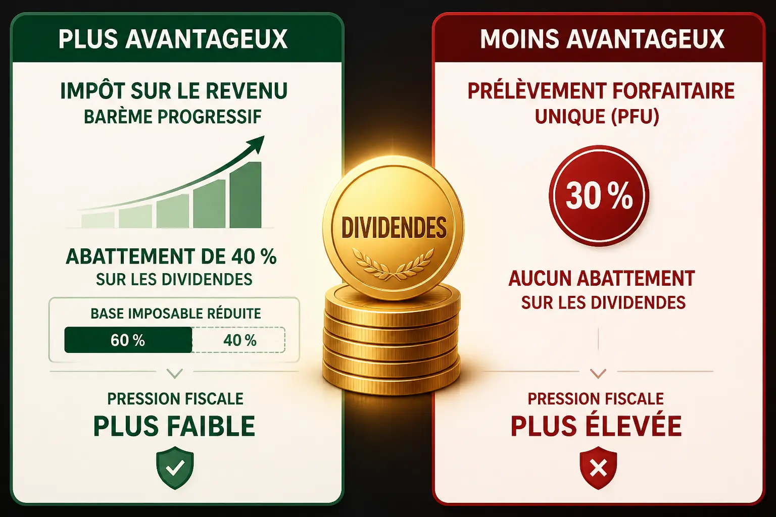 Comparatif du prélèvement forfaitaire unique et du barème progressif sur des dividendes, avec abattement de 40 %
