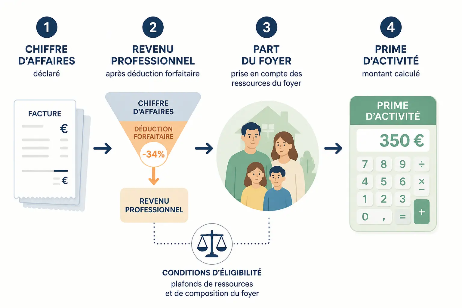 Schéma de la prime d'activité auto entrepreneur : CA, revenu pro, foyer et calcul CAF