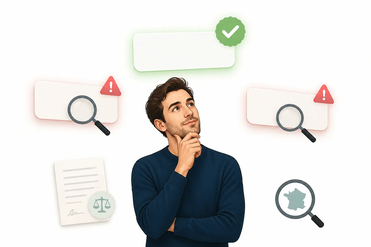 Fondateur choisissant une raison social d'une entreprise parmi trois noms, avec vérification légale et disponibilité