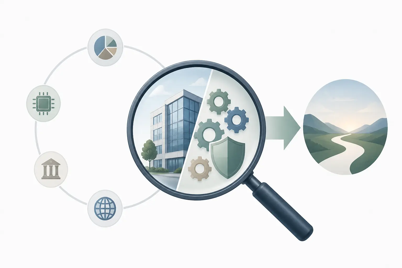 Stratégie d entreprise : diagnostic stratégique avec loupe, environnement externe, cœur interne et flèche décisionnelle.