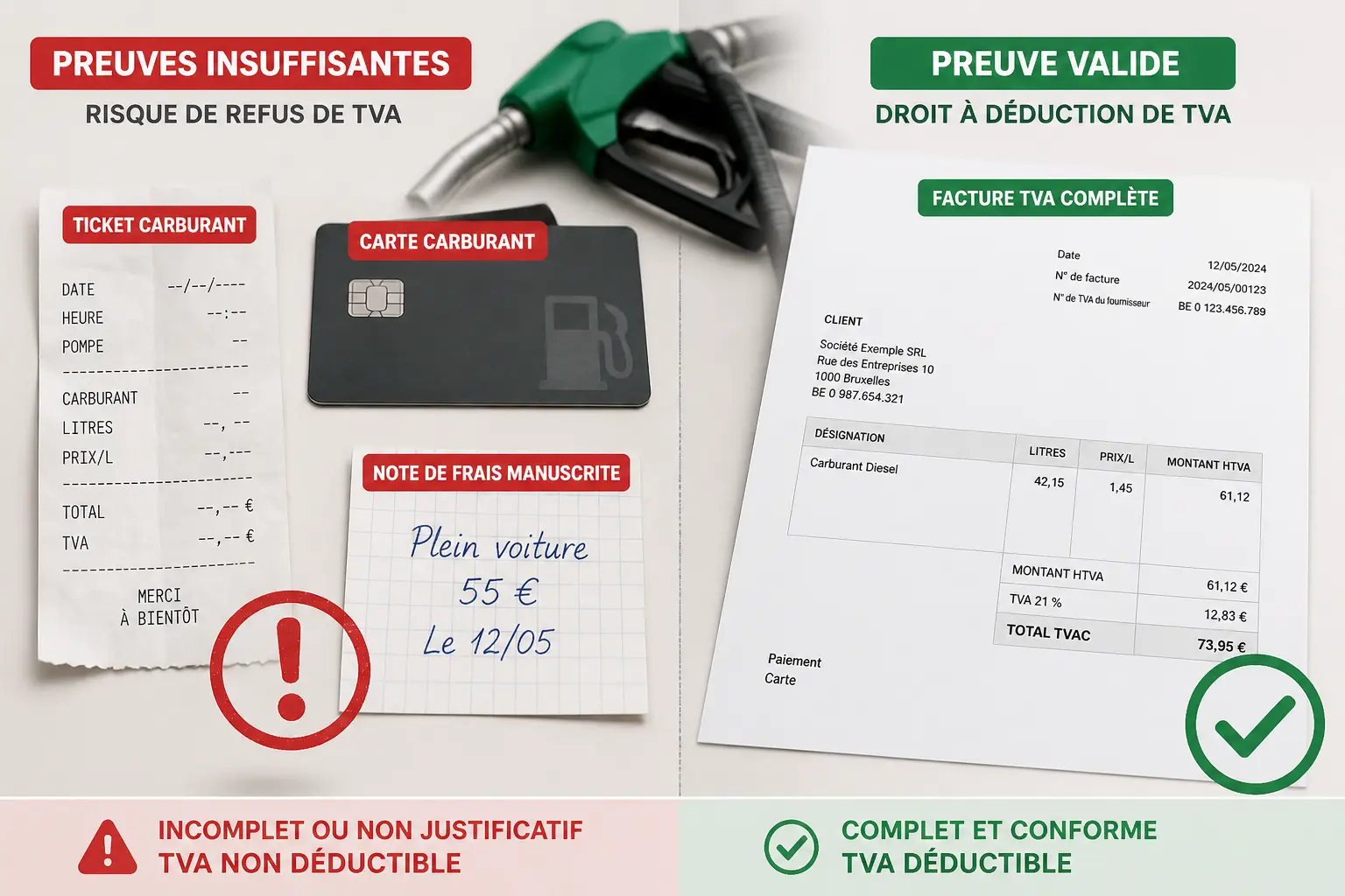TVA carburant : reçu incomplet, carte carburant et facture de TVA comparés pour valider la déduction