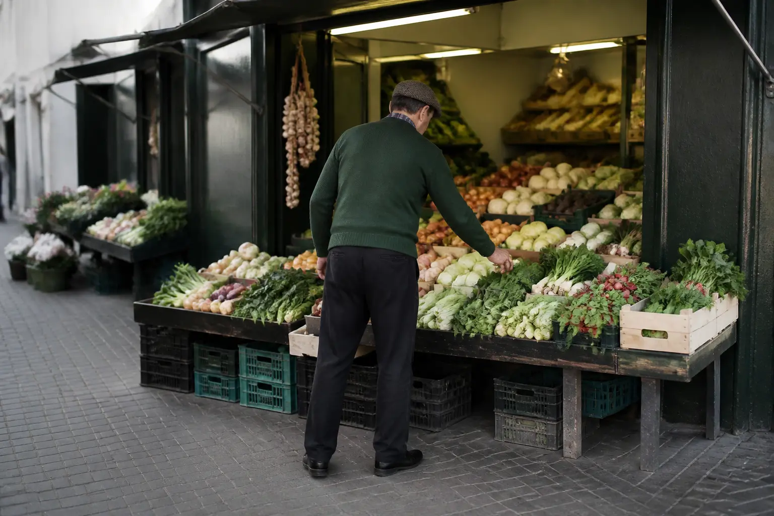 Définition du marché : étal de marché de quartier en plein air avec fruits et légumes, lumière naturelle douce.